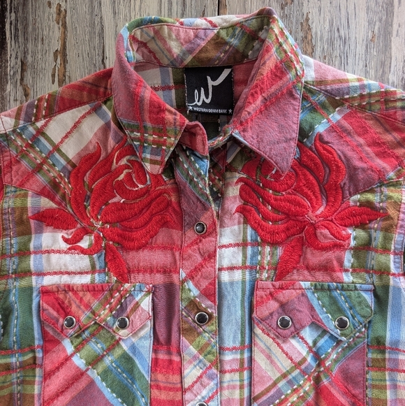 Western Denim Bank Plaid Western Snap Shirt Women's Medium - Picture 3 of 9